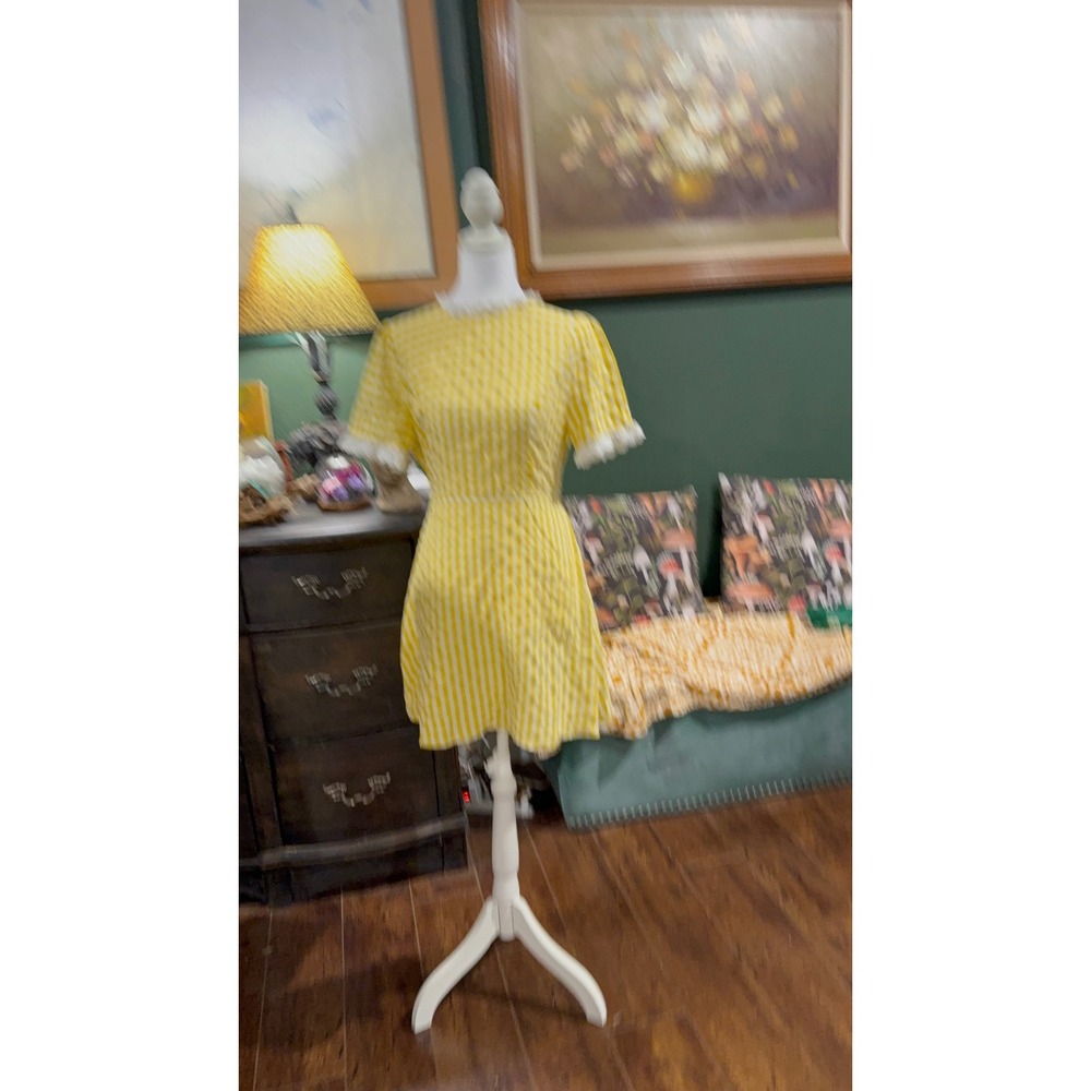 Allegra K Yellow Gingham Mini Dress Lace Trim Cottagecore Picnic Retro Women S